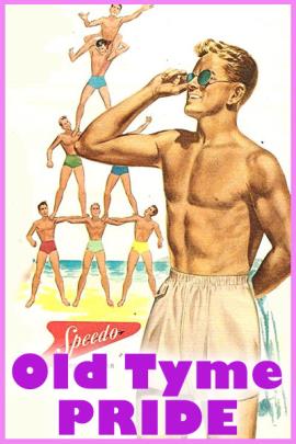 An old fashioned illustration. A shirtless man wearing swim trunks is in the foreground. In the background several other men are standing with arms linked to form a pyramid. The man on the top of the pyramid has a man on his shoulders.