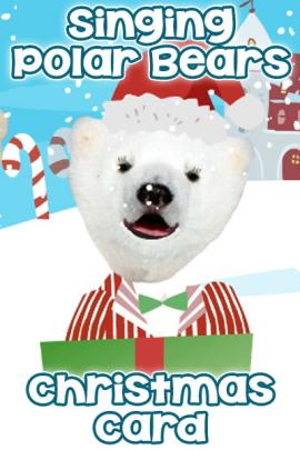 A cute Christmas card featuring a polar bear in a Santa hat, and red and white striped suit jacket.