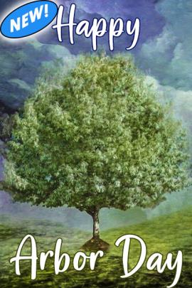An environmentally conscious ecard featuring a huge tree covered in white flowers in front of a cloudy sky.