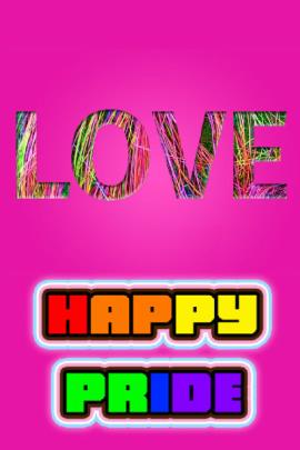 An LGBT Pride ecard, where the word LOVE is made up of a multitude of colorful threads. The words HAPPY PRIDE are written underneath it in rainbow letters.