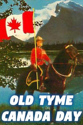An old fashioned photo of a member of the Royal Canadian Mounted Police force sitting atop their horse, and holding a Canadian flag.