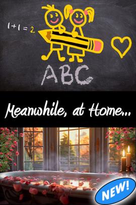 This thumbnail is divided into 2 sections. The top section has a chalkboard showing an illustration of two stick children holding a pencil and writing 1 plus 1 equals 2 on the chalkboard. The bottom panel shows a picture of a bathtub full of hot, steamy water, and rose petals.