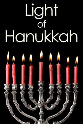This Hanukkah greeting shows a sliver menorah with red candles, all lit. The title above says, "Light of Hanukkah"