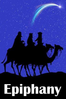This Epiphany ecard shows the Biblical three wise men in silhouette on camels travelling across a desert. They are in black silhouette against a blue night sky filled with stars, with the Star of Bethlehem in the upper right corner with a comet tail. At the bottom in white font is the title, "Epiphany".