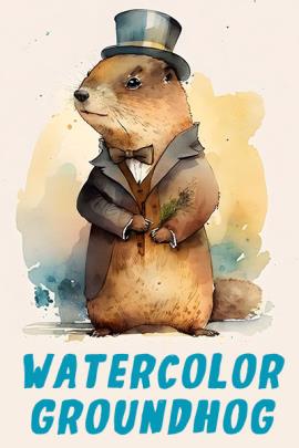 This Groundhog's Day ecard shows a watercolor painting of a groundhog standing against a cream color background. He weats a formal black tuxedo coat and a top hat. Below him is the title in aqua color font, "Groundhog Watercolor "