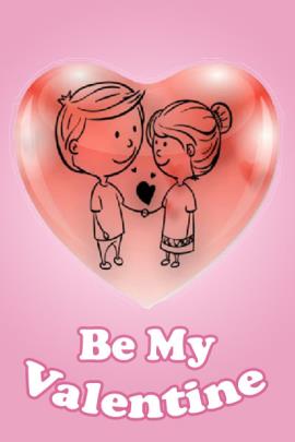 this Valentine's Day ecard is a pink background behind a red 3D heart. One the heart is a cartoon depiction of a boy and a girl holding hands. Their are drawn in simple black lines. The title below them reads, "Be My Valentine".