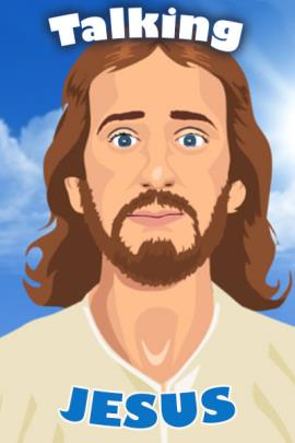 A blue sky background with a standard cartoon depiction of Jesus Christ with pale skin and brown hair and blue eyes, mustache and beard.  Above and below him are the words, "Talking" (in white) "Jesus" (in blue).