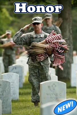 A United States soldier in green fatigues salutes with one hand while the other holds an armload of American flags. He stands amidst white marble gravestones in a national cemetery. Above him is the word, "Honor". Honor ecard