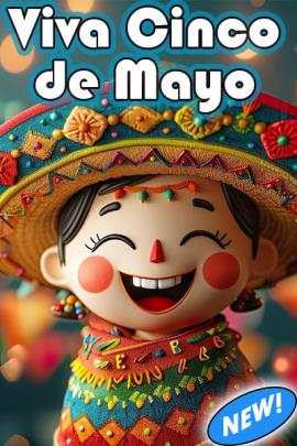 In a 3D animation style we see a young Mexican boy with a big, open mouthed smile and happy crescent shaped eyes. He wears a sombrero and serape both festooned with colorful dots, lines and shapes in turquoise, red, green and ochre. Above him is the ecards title, "Viva Cinco de Mayo"