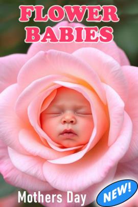 A realistic looking photo of a light pink rose bloom with a charming infant baby's sleeping face at the flower's center. Above the bloom in fuchsia is the title of the Mothers' Day ecard, "Flower Babies"