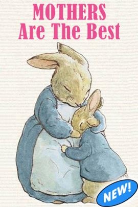 A watercolor with a gray background showing a mother rabbit in a blue dress warmly embracing a child rabbit in a blue coat. Above them in pink is the title of the Mothers' Day ecard, " Mothers Are The Best"