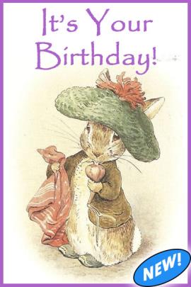 A watercolor painting from 1910 of a little bunny standing on hind legs and wearing a little brown jacket, and big floppy green hat with a fancy red tufted tassel on top and holding a red blanket in one arm. They look like they have dressed up fancy. Above them is the title of the Birthday ecard in blue letters, "It's Your Birthday".