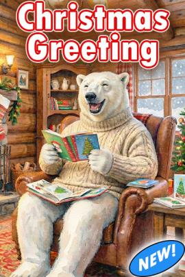 A cozy cabin living room with a fire in the fireplace and a Christmas tree. In the middle in a stuffed armchair, a Polar bear sits wearing a white cable knit sweater. He is reading Christmas greeting cards and has a big smile on his face. Above him is the title of the Christmas ecard, "Christmas Greeting" in white letters with red outlines.