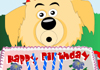 A fluffy cartoon dog offers up a birthday cake, with lit candles. 