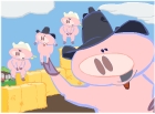 A pig in a cowboy hat waves at the viewer, while several other pigs horse around on hay bales in the background.