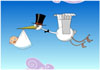 A stork, wearing a top hat, and bow tie, carries a bundle in his beak that contains a happy, smiling baby.