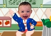 A baby in a polka-dotted jacket dances and laughs.