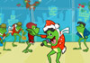 A frog who resembles a well known funk superstar is dressed as Santa, and singing into a microphone. 