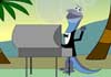 A male and female lizard mingle at a party, smiling at each other, and holding martini glasses.