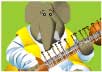 A cartoon elephant sits cross legged on a pillow. He is wearing yellow and white robes, and playing a sitar. Raj’s Birthday Song is written above him.