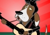 An illustrated basset hound waving, and holding a guitar, while wearing black clothes, and black pompadour style hair that make him resemble Johnny Cash. The green background has Christmas trees and snowflakes, and the words Johnny Cache Christmas Card is written across the bottom. 