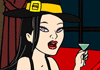 A witch woman leans against a cushion. She's wearing a pointy back hat, and a tank-top style dress that shows off her cleavage. She is toasting with a margarita glass.