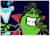 A frog dressed in the style of James Brown with a black jacket, and pompadour hairdo, also dons a vampire costume with a red and black cape, and fangs for Halloween. He is dancing and singing into a microphone.