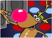 A cartoon reindeer with a red nose is posing with his hands on his chest. There is a dark blue background covered with white snowflakes, and the words Rapping Rudolph are written above the reindeer.