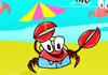 A crab wearing a Hawaiian shirt, and bucket hat, holds a small umbrella while on the beach.