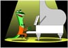 A lizard lounge singer plays piano and sings.