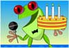 A frog standing on a lily pad, holds a birthday cake, and sings into a microphone.