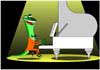 The card begins with seeing a white piano keyboard and the two greens hands of the Lounge Lizard playing the keys. We then see Lounge Lizard with his large bulbous eyes wearing an orange tuxedo, white shirt and black bowtie on the stage at his piano with sheet music on the piano stand, all in the background and a woman lizard wearing a pink dressing in the forefront sitting at one of the two table tables in the scene. Pan in to Lizard singing and playing. Panning closer to his head as he sings higher and closeup to his mouth and his pink tongue waggles as he sings higher.  Moving over to the sheet music with notes all over and as he continues to sing, the notes fly off the sheets and 3 of the notes turn into fireflies glowing on the black background and they fly making golden light streaks around to finally make a light shaped heart.  They then write with their light first Happy, then Birthday, on the screen and go on flying and making beautiful golden swirls on the screen to finally see the 3 fireflies land on 3 candles and next we see the yellow and orange cake with purple flowers decorations the candles are on. Next, the cake is on the lady lizard’s table and she smiles and suddenly her tongue comes out and she gobble up the 3 fireflies and smacks her tongue in delight. Happy Birthday in yellow letters appears on the screen.