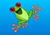 A green frog jumps with a joyful look on its face.
