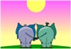 Two elephants stand together, watching the sunrise. Their tailes are twined together sweetly.