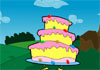 A large birthday cake, with pink icing and colorful sprinkles, tiptoes towards the viewer.