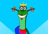 A lizard in a sundress, and pigtails wears a gold crown on her head.