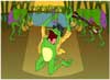 Three cartoon frogs are a band. Two in the back are playing guitar. The frog in the foreground is holding a microphone, and dressed in the style of a famous funk and soul singer, he is jumping joyfully as he sings. The ecard title James Green’s Birthday Funk is written above the band. 