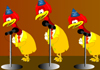 A yellow chick wearing a top hat sings into a microphone while chickens sing back up behind him.Gospel New Year is written in the foreground. 