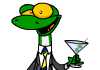 A gecko in a suit and tie toasts the viewer with a martini glass.