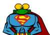 A gecko dressed as superman, in a blue and red superhero suit, with a large 'S' across it's muscular chest.