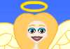 An angel looks at the viewer with her arms outstretched.