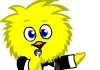 A fluffy yellow chick in a tuxedo sings into a microphone. A chicken is poking her head into the frame behind the chick.