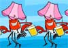 Several crawdads wearing lampshades on their heads clink together their pints of beer in a toast.