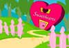 A candy heart walks around a chair, wearing a sexy robe.