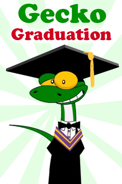 In the still image for this cute graduation ecard a green gecko wearing a cap and gown, and smiling at the viewer.  