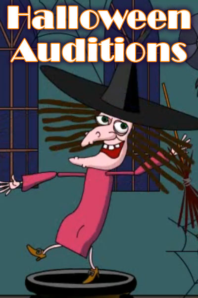 A witch with stringy hair, and warts on her face waves her broomstick in the air, and dances along the edge of a large cauldron.