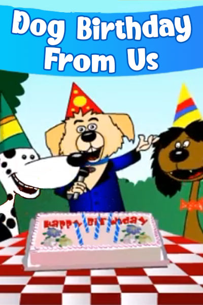 A fluffy cartoon dog offers up a birthday cake, with lit candles. 