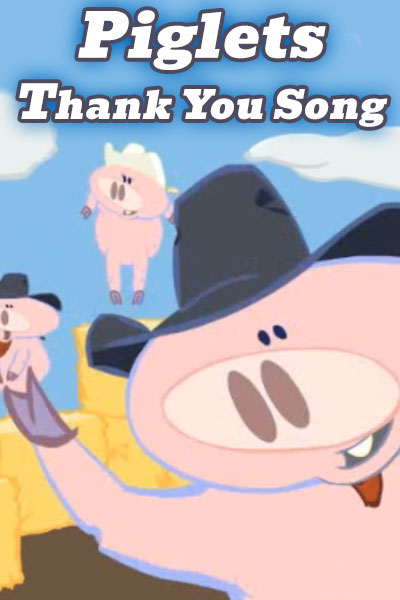 A pig in a cowboy hat waves at the viewer, while several other pigs horse around on hay bales in the background.