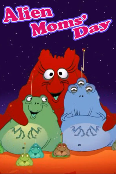 An alien mom gives her two children a huge hug in the sample image of this funny Mothers Day ecard.
