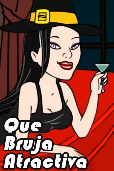 A witch leans against a cushion. She's wearing a pointy back hat, and a tank-top style dress that shows off her cleavage. She is toasting with a margarita glass.